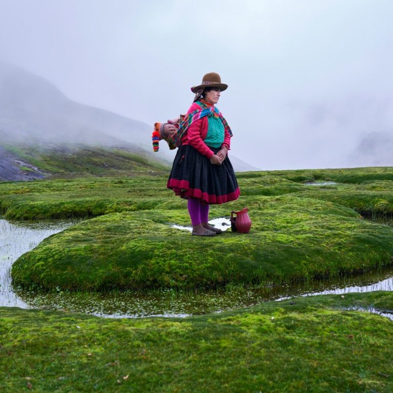 Mujer boliviana con vestimenta tradicional, de pie en un paisaje verde y nublado.